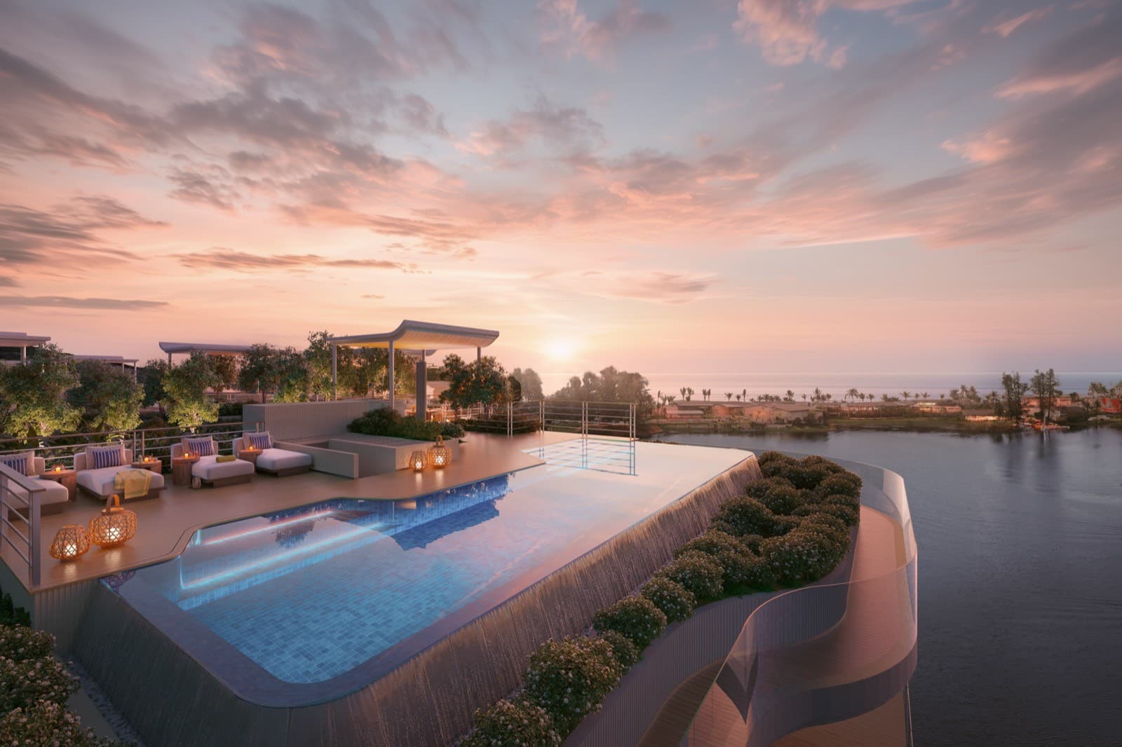 Bellaguna Lake Residences Lotus — Pool terrace at sunset