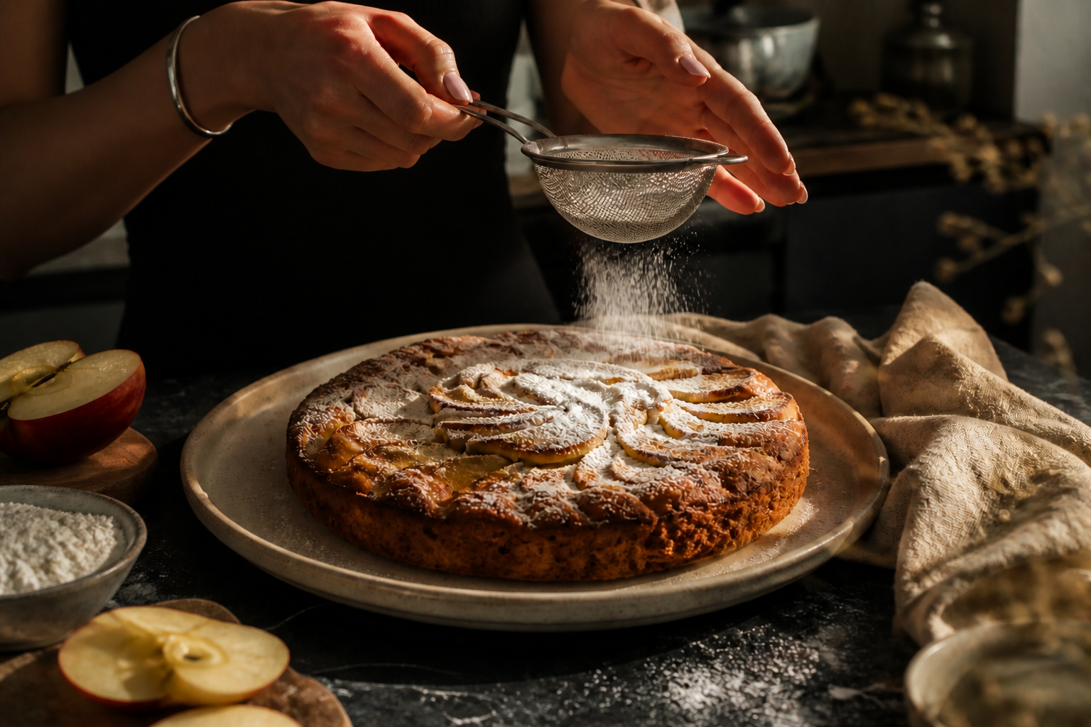 Apple sharlotka being finished by hand